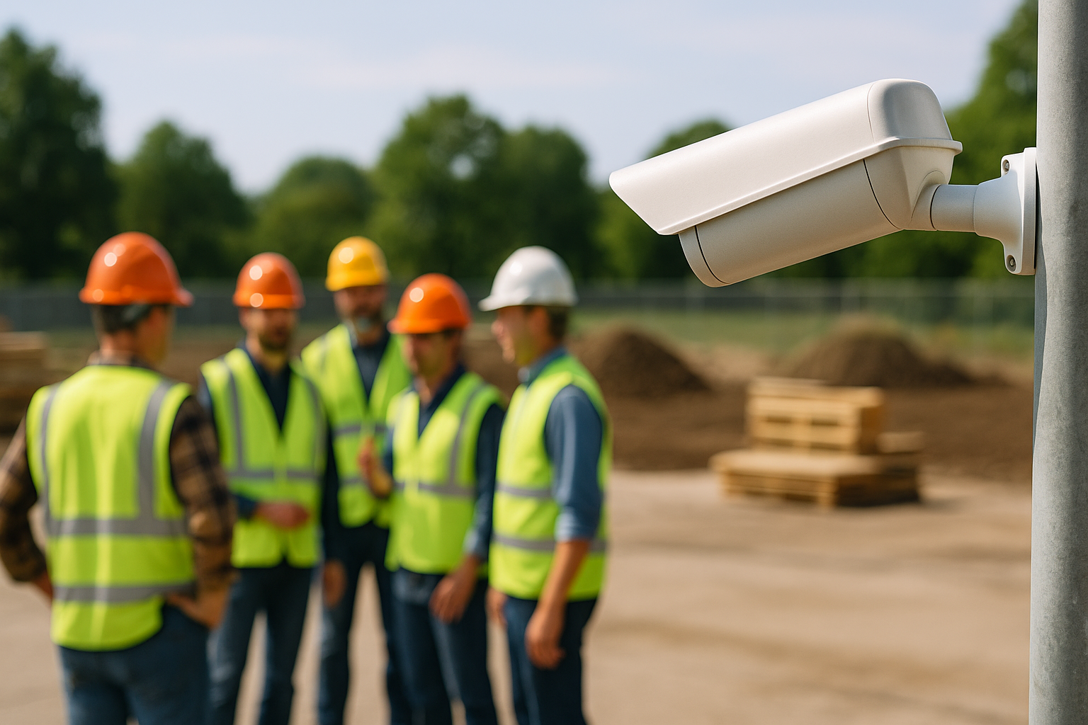 Construction crew gathered for a safety talk on site